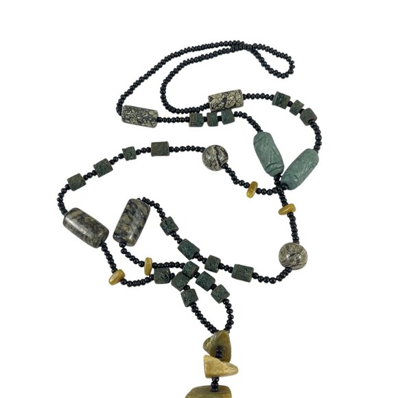 Natural Stone Beaded Necklace With Green & Yellow Gemstones Boho Tribal - Picture 3 of 5